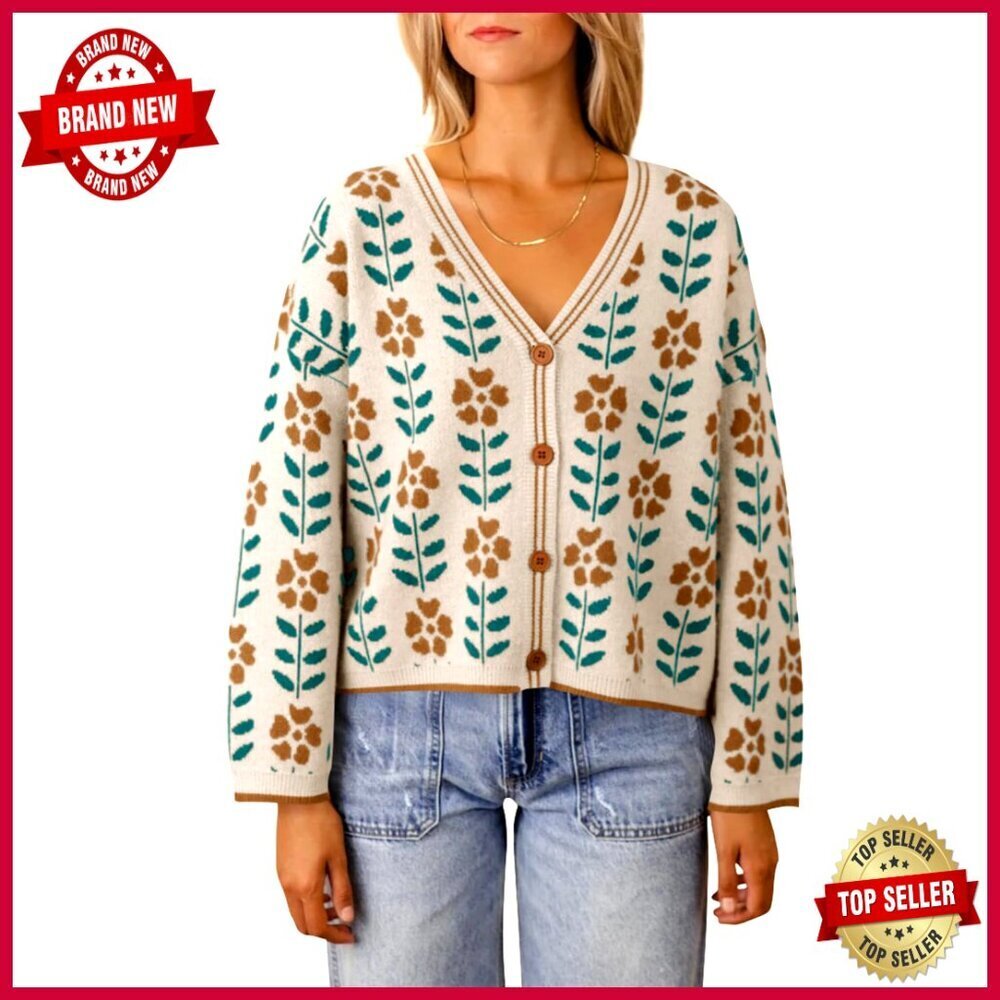 Floral Print V-Neck Cardigan Long Sleeve Loose Fit Button Front Sweater